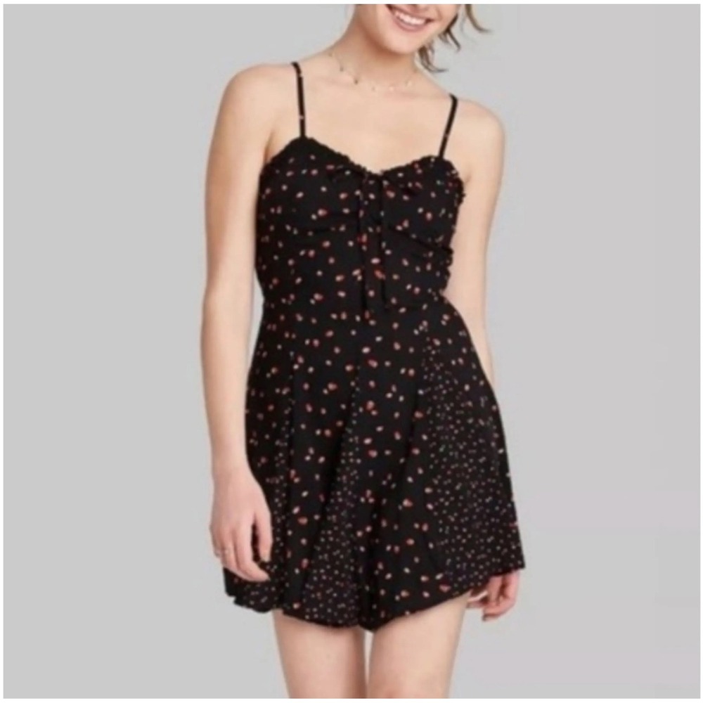 Wild Fable Black Strawberry Print Mini Dress Smocked Back L NWT 331086205